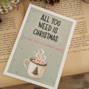 Carte postale All you need is christmas (et une tasse de chocolat chaud)